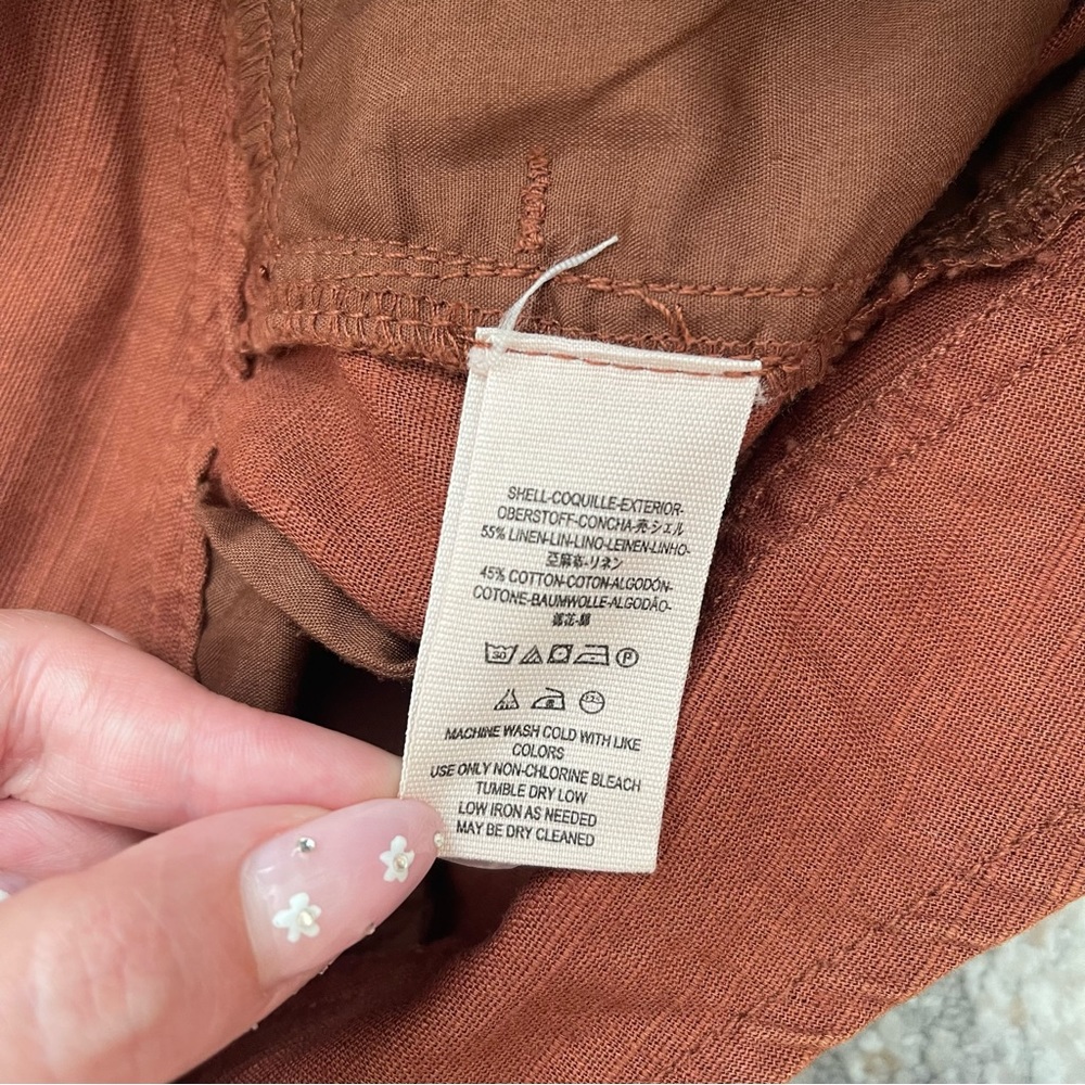 !SOLD! FREE PEOPLE Brown Orange Linen Blend High Rise Button Fly Pleated Shorts - Picture 6 of 6